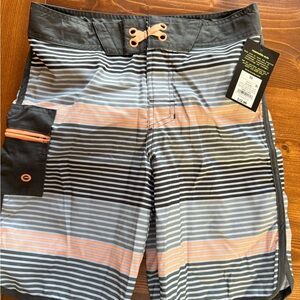 Striped Swim Shorts with Orange Accents